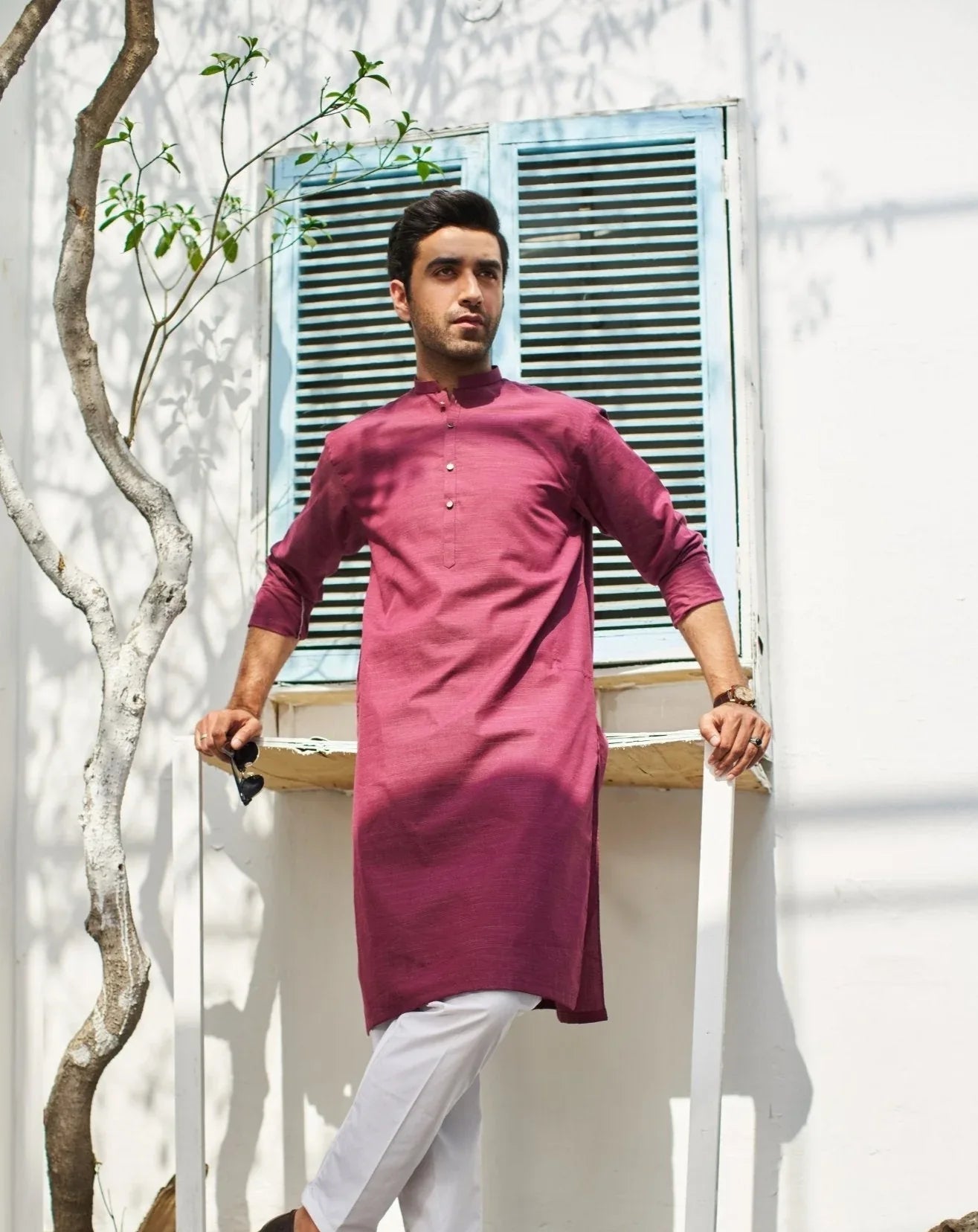 Textured Wine Cotton Kurta Trouser - Men
