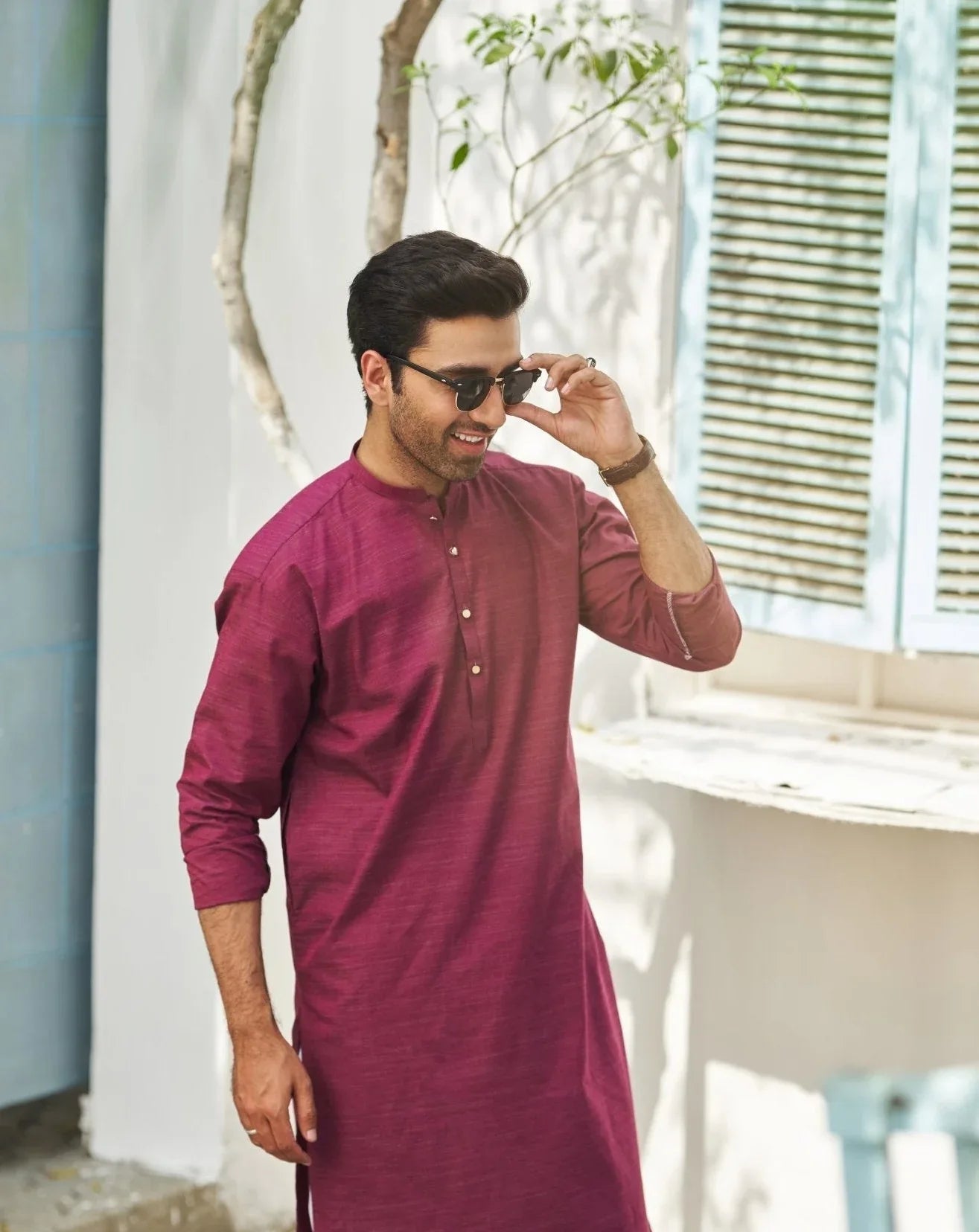 Textured Wine Cotton Kurta Trouser - Men